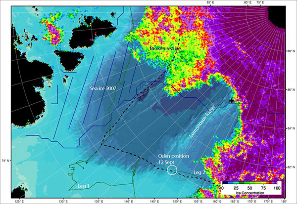 Map of the sea ice conditions in the SWERUS-C3 Leg 2 working area September 12. Sea ice concentration is taken from Bremen University. The September mean extent of sea ice in 2007 is shown with a blue line. Note that even year 2007, which together with 2012 is the record low since measurements began 1979, had more sea ice west of our working area. Map of the sea ice conditions in the SWERUS-C3 Leg 2 working area September 12. Sea ice concentration is taken from Bremen University. The September mean extent of sea ice in 2007 is shown with a blue line. Note that even year 2007, which together with 2012 is the record low since measurements began 1979, had more sea ice west of our working area.